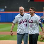 Dan Hurley, left, head coach of UConn Men's Basketball, and Rob Stone, '09 (CLAS), vice president for business development at SS&C Technologies, at a New York Mets baseball game at Citi Field in Queens New York after the ceremonial first pitch at a New York Mets baseball game on June 3, 2018. (Peter Morenus/UConn Photo)
