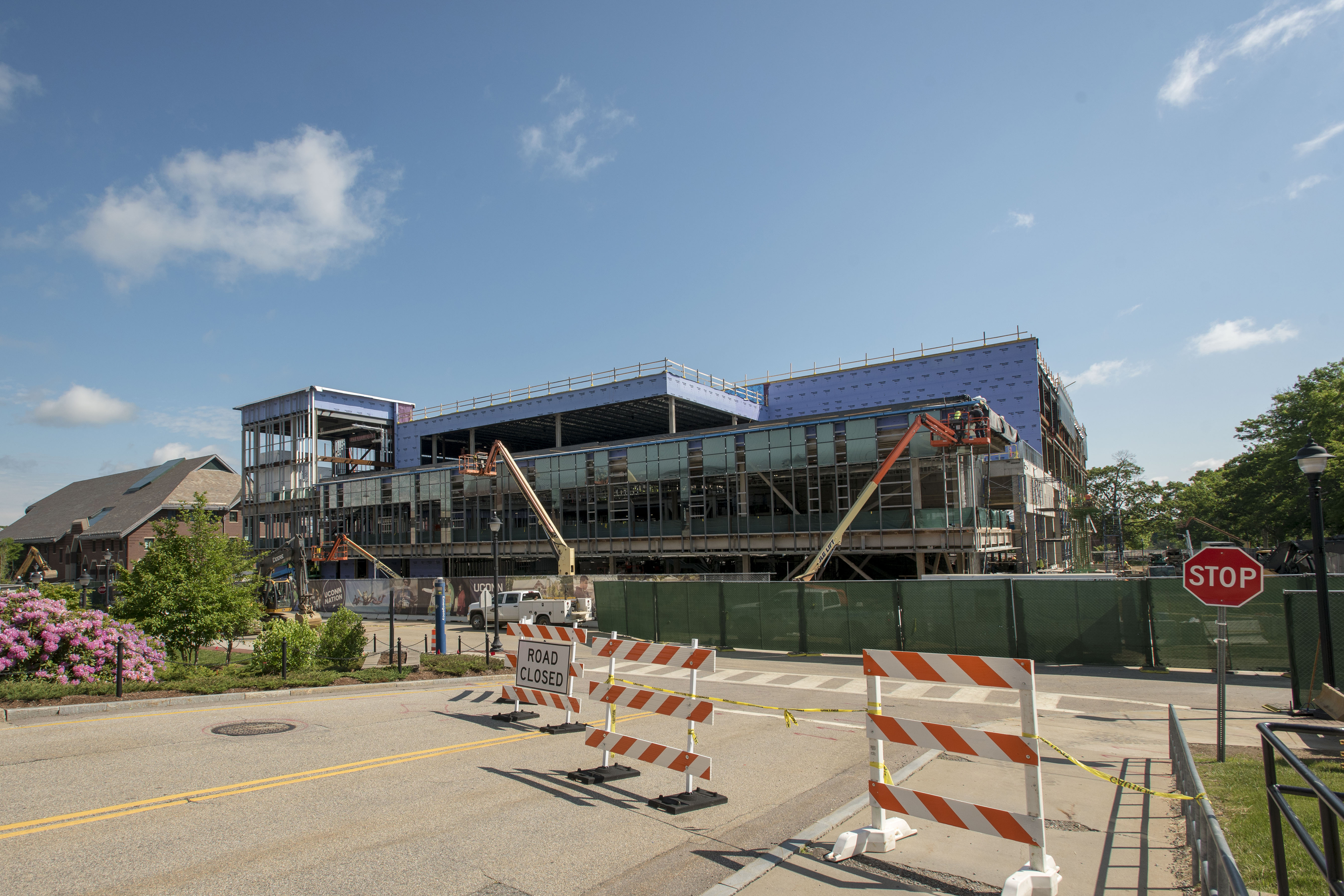 Traffic has been diverted to facilitate construction of the new Student Recreation Center. (Sean Flynn/UConn Photo)
