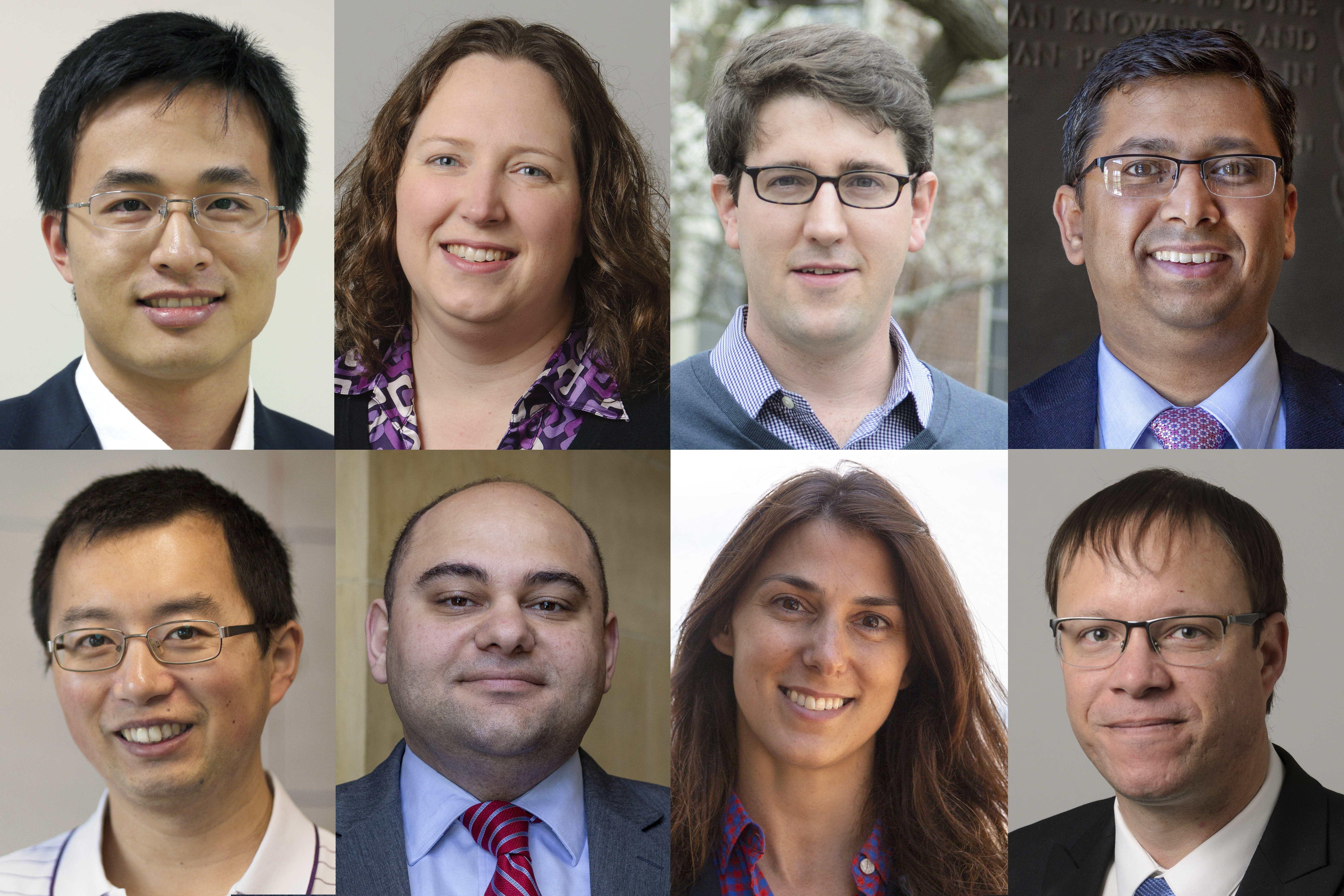 Eight early-career researchers in math, science, and engineering received the selective grant this spring. Top row from left, Xu Chen, Kristina Wagstrom, Michael Hren, Mohammad Khan; bottom row from left, Liang Xiao, Ali Bazzi, Kelly Lombardo, Julian Norato.