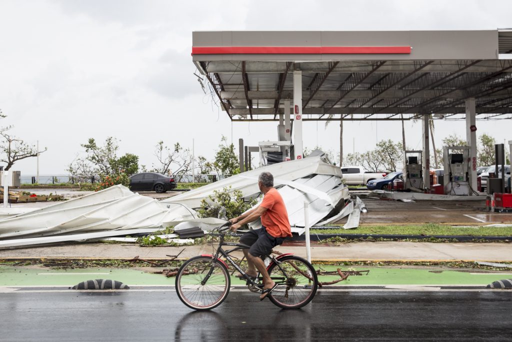 SAN JUAN, PUERTO RICO - SEPTEMBER 21: A damaged gas station the day after Hurricane Maria made landfall on September 21, 2017 in San Juan, Puerto Rico. The majority of the island has lost power, in San Juan many are left without running water or cell phone service, and the Governor said Maria is the "most devastating storm to hit the island this century." (Photo by Alex Wroblewski/Getty Images)