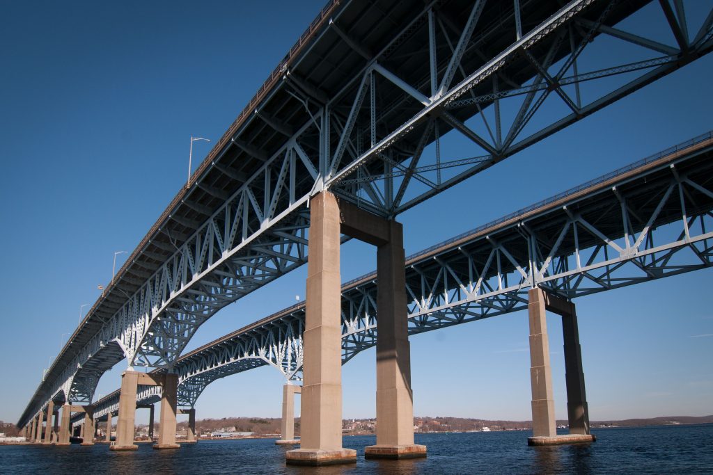A view of the north and south lanes of the Gold Star Bridge, which is made of steel and is the longest bridge in the state (Peter Morenus/UConn Photo)