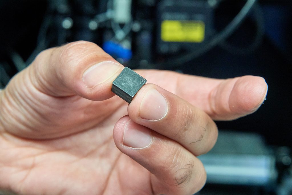 A 3D-printed magnet at the UTC Research Center in East Hartford on June 18, 2018. (Peter Morenus/UConn Photo)