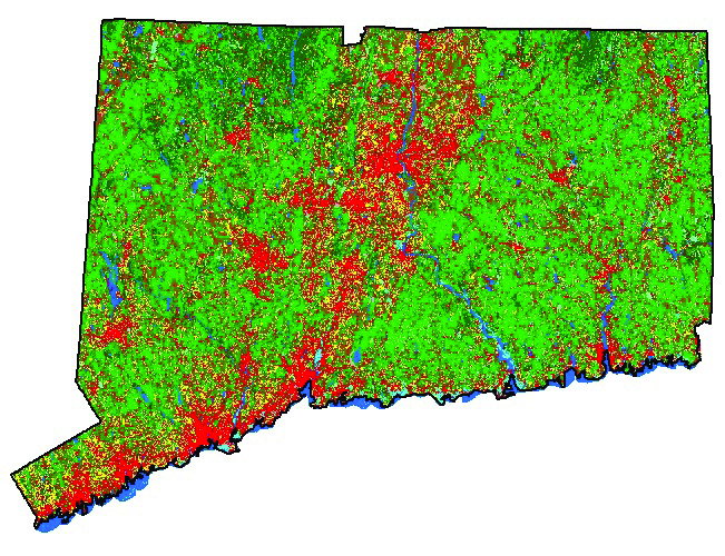 Land cover map of Connecticut, 2015. Green areas are forested, red is development, and yellow is turf and grass. (CLEAR/UConn Image)