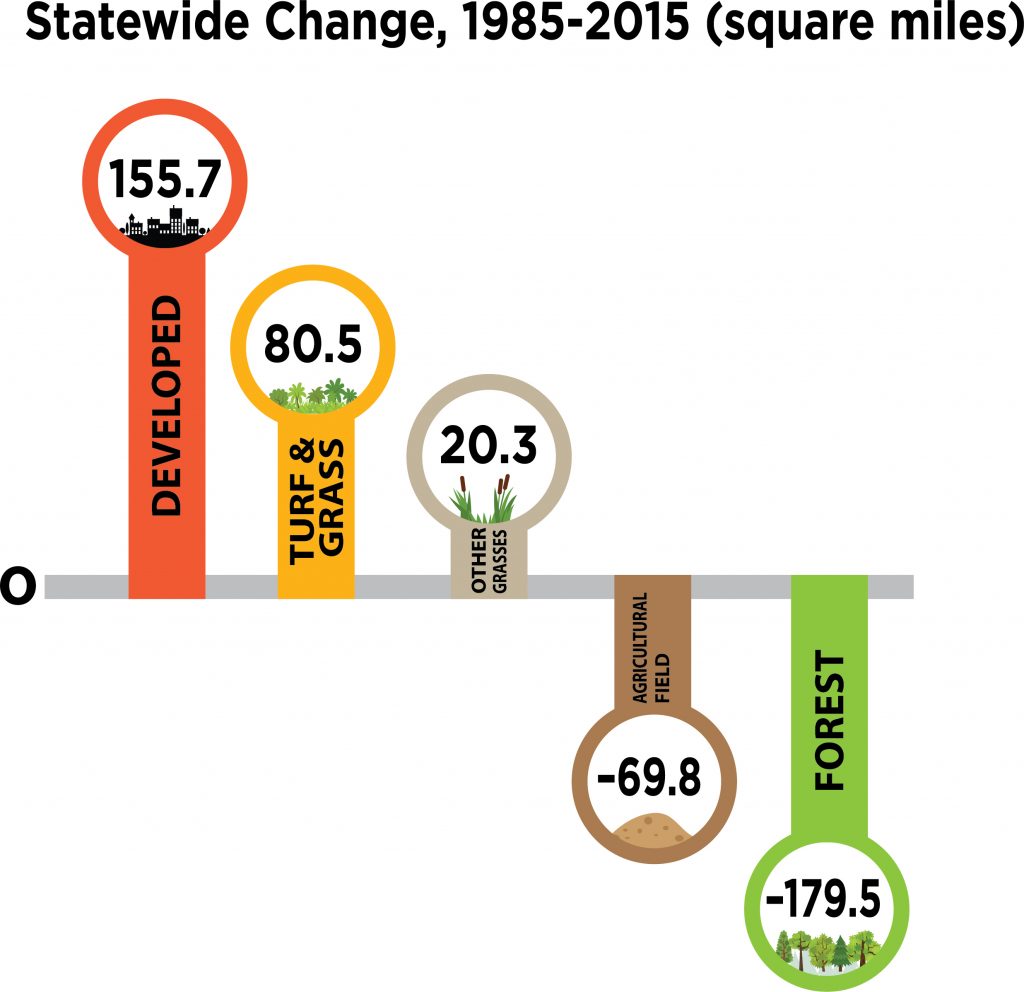 Illustration showing changing land use in Connecticut. (Graphic by Maxine Marcy for UConn)