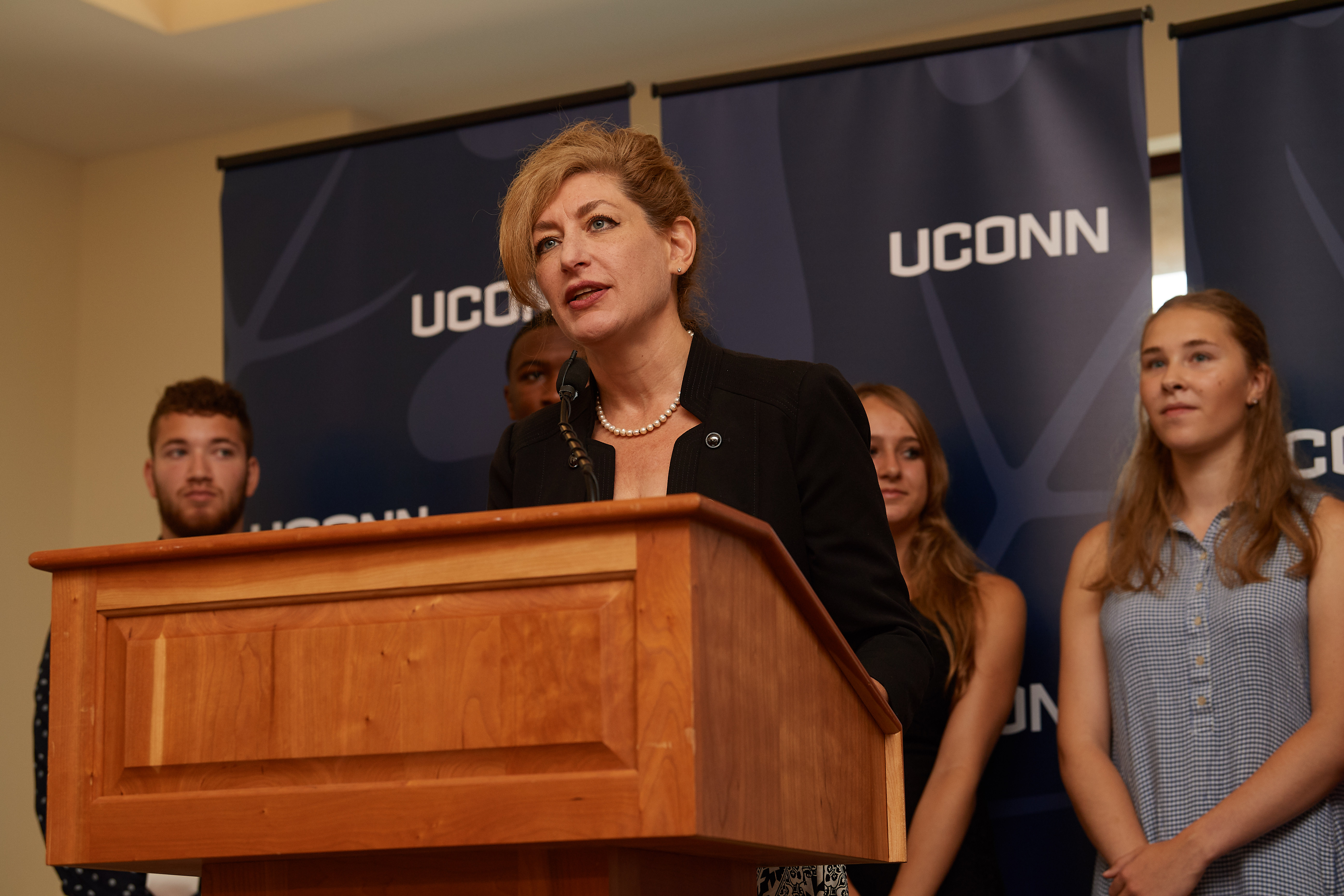 President Susan Herbst speaks at a press conference to announce details of the UConn Class of 2022 held at the Hall of Fame at the state capitol on Aug. 22, 2018. (Peter Morenus/UConn Photo)