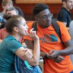 Freshmen Sarah Canseco ’22 (CLAS) and Kevon Gayle ’22 (CLAS) enjoy the Hartford Campus celebration that welcomed new students. (Sean Flynn/UConn Photo)