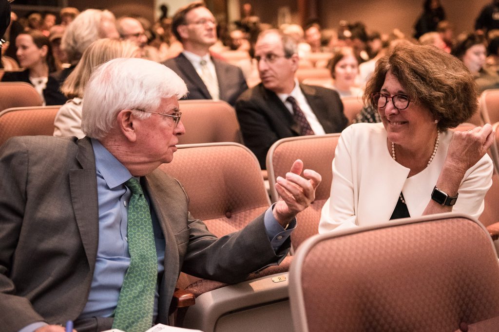 Amy Domini, the keynote speaker for the Business & Human Rights Initative Symposium, speaks with former U.S. Senator Christopher Dodd.