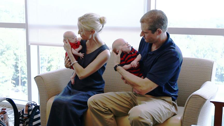 Amy and Sam Childs with their twin boys. Amy suffered life-threatening complications after being diagnosed with babesiosis - a tick-borne infection. (Frank Barton/UConn Health)