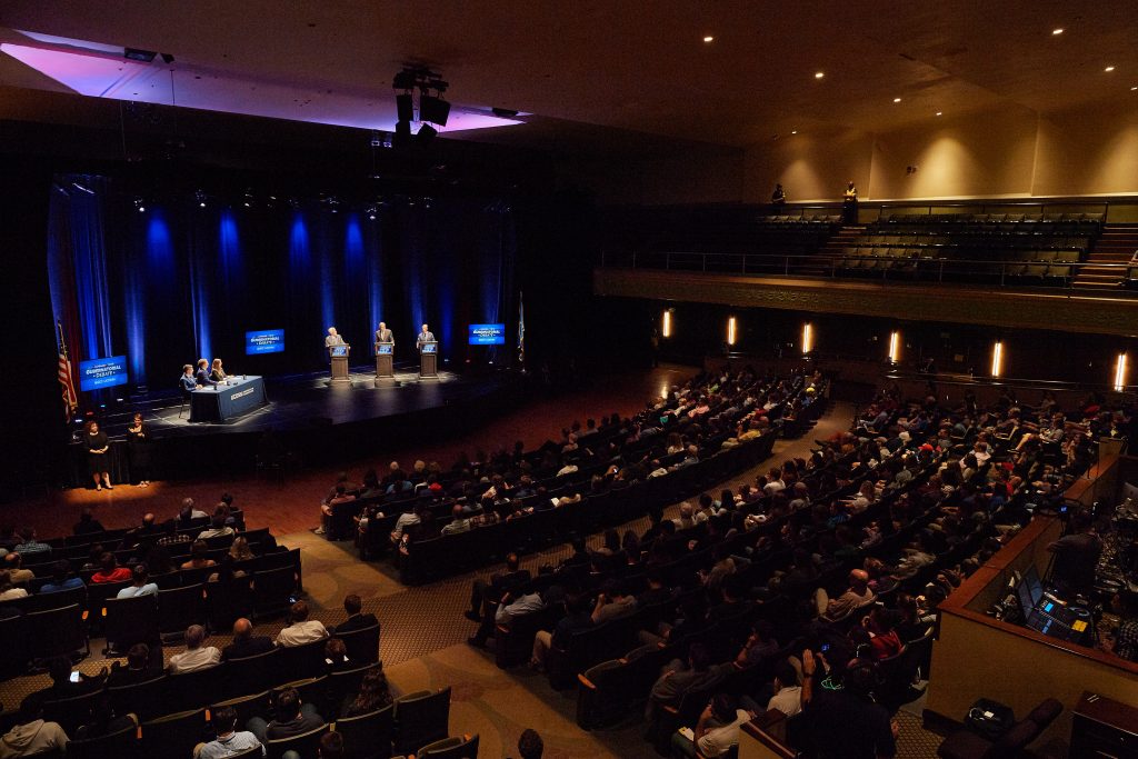 A view of the gubernatorial debate at the Jorgensen Center for the Performing Arts. (Peter Morenus/UConn Photo))