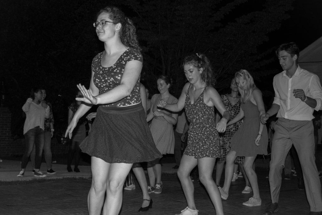 President of the Swing Dance Club Katherine Belle '19 (ENG) leads the group on a Shim-Sham, a classic line dance that kicked off the swing dance genre back in the 1920s. (Lucas Voghell/UConn Photo)