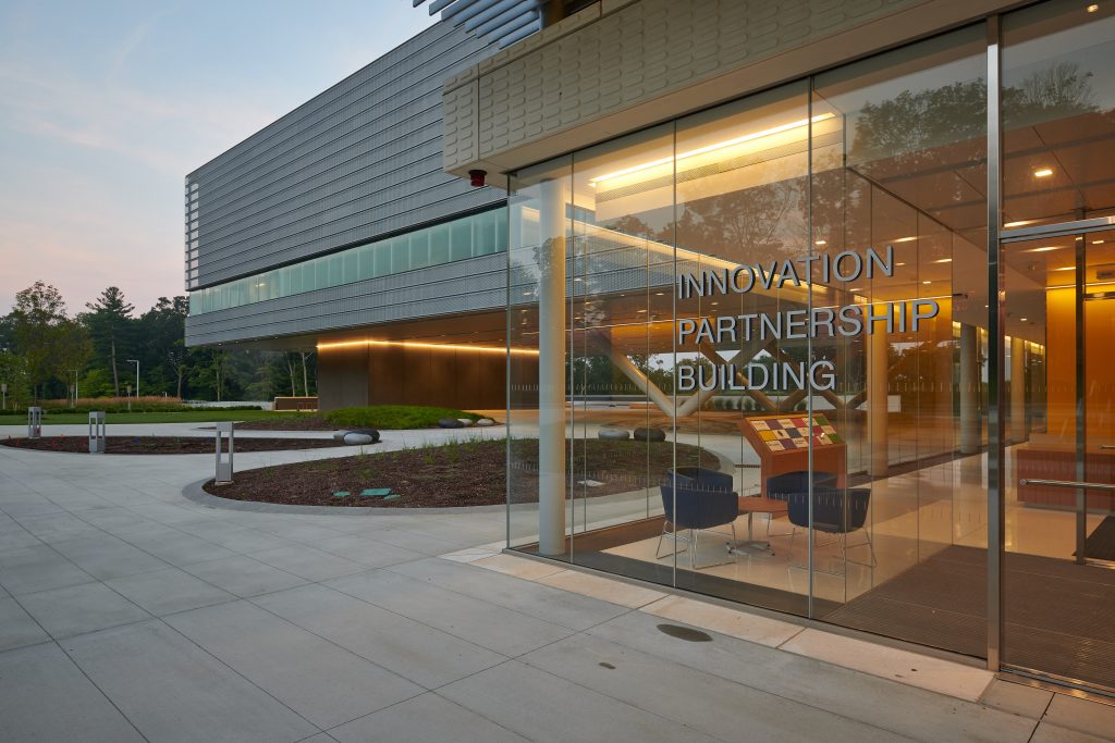 A view of the Innovation Partnership Building on Aug. 6, 2018. (Peter Morenus/UConn Photo)