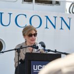 “There is great work being done on this ship, from the study of coastal resilience to the study of maritime activity,” said President Susan Herbst during the recommissioning ceremony for the R/V Connecticut. (Peter Morenus/UConn Photo)