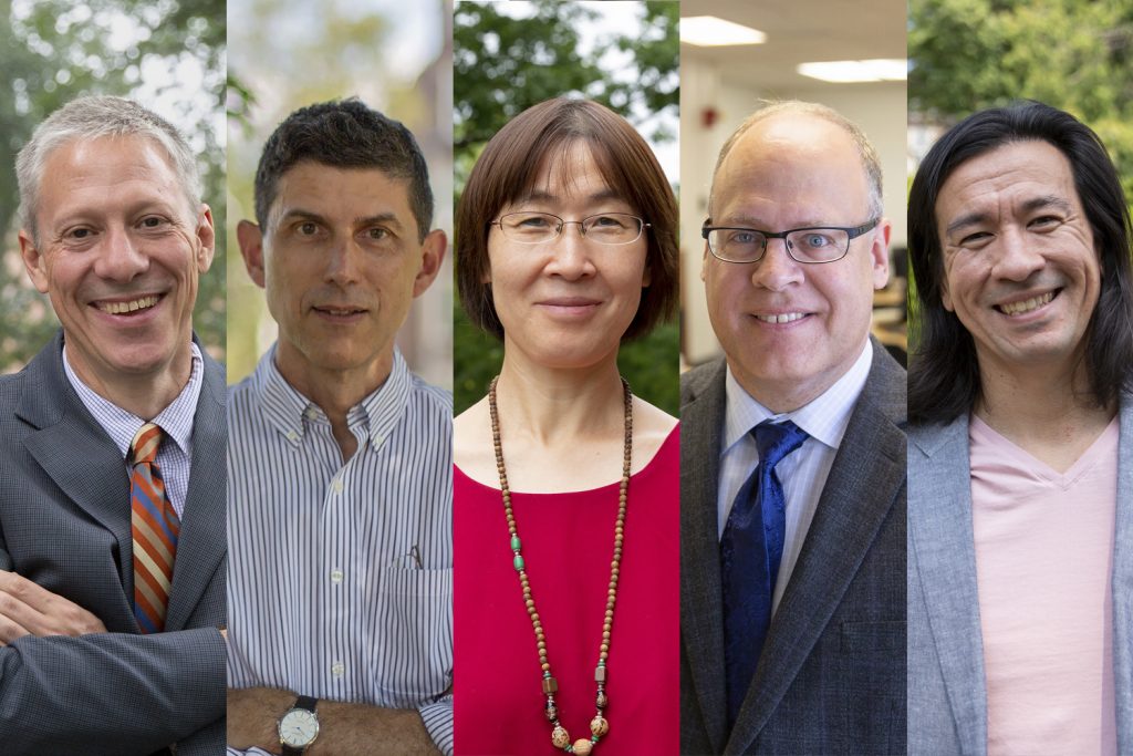 The College of Liberal Arts and Sciences welcomed five new heads of departments, centers, and institutes this year. From left to right: Associate Professor of History Mark Healey; Professor and Head of History Mark Healey; Professor of Anthropology and Director of El Instituto Sam Martinez; Professor and Director of Geography Cindy Zhang; Professor and Head of Physics Barry Wells; and Associate Professor of History and Director of Asian and Asian American Studies Jason Chang.