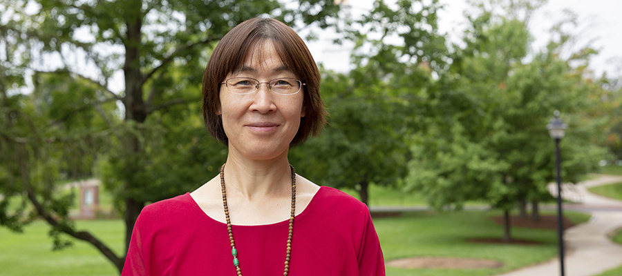 Chuanrong (Cindy) Zhang, professor and head of the Department of Geography, outside of the Austin Building on August 23, 2018. (Bri diaz/UConn Photo)