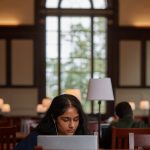 Prina Deva '21 (CAHNR) studies at the renovated South Reading Room at the Wilbur Cross Building on Sept. 24, 2018. (Peter Morenus/UConn Photo)