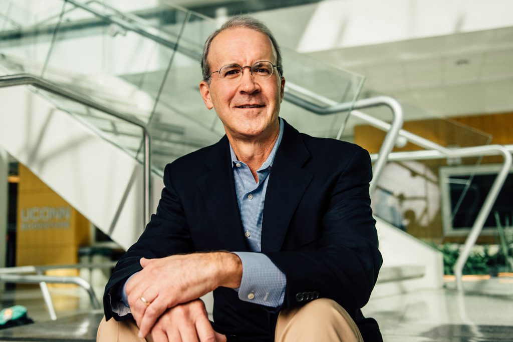Blake Mather retired after 22 years at Goldman Sachs. Now, he is an adjunct professor and advisor to the UConn Student Managed Fund in Stamford, giving students the opportunity to gain practical experience in investment strategies. (Nathan Oldham / UConn School of Business)