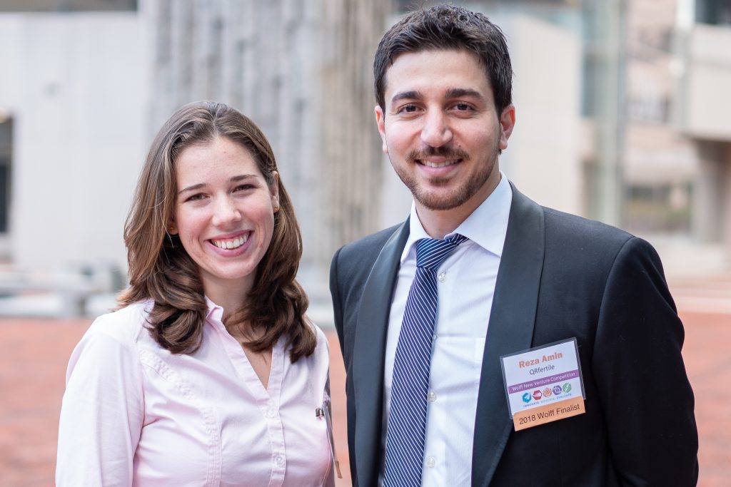 Stephanie Knowlton and Reza Amin, both doctoral students in engineering, won first prize in the 2018 Wolff New Venture Competition. (Eric Olson for UConn)