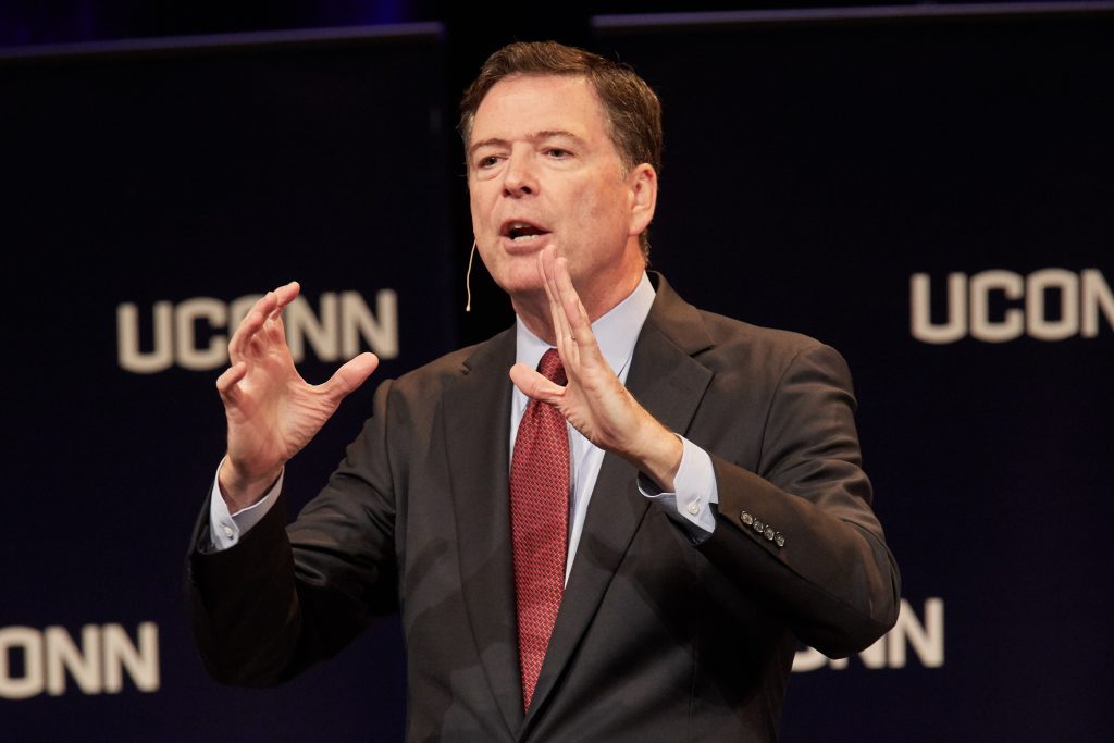 James Comey, former director of the Federal Bureau of Investigation, speaks during the Edmund Fusco Contemporary Issues Forum at the Jorgensen Center for the Performing Arts on Oct. 15, 2018. (Peter Morenus/UConn Photo)