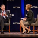 James Comey, former director of the Federal Bureau of Investigation, left, answers a question from President Susan Herbst during the Edmund Fusco Contemporary Issues Forum at the Jorgensen Center for the Performing Arts on Oct. 15, 2018. (Peter Morenus/UConn Photo)