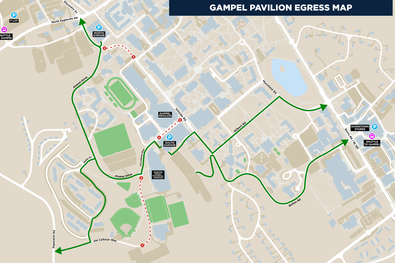 The changes have been made to improve the traffic flow and mitigate the effects related to construction on Jim Calhoun Way. (Athletic Communications Map)