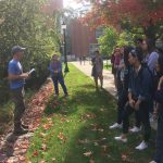 Extension educators Mike Dietz, Chet Arnold, and Juliana Barrett took Climate Corps students on a tour of green infrastructure and low impact development around campus on Sept. 27. Low impact development measures, such as permeable surfaces and rain gardens, are important steps UConn is taking to reduce the campus’ environmental footprint, because stormwater runoff can have a negative impact on the quality of water in streams and rivers around campus. (Chet Arnold/UConn Photo)