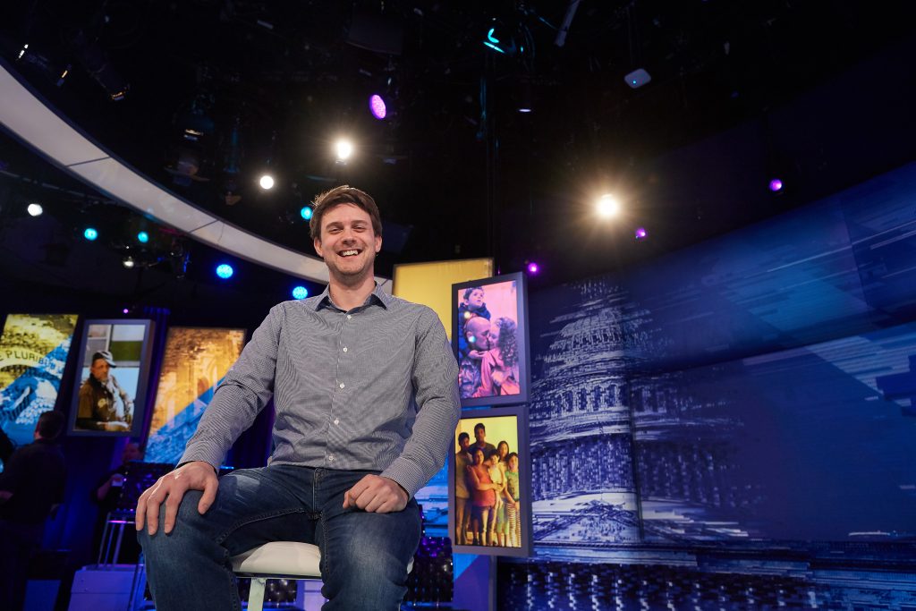 Dan Rousseau '08 (SFA) on the set of The Van Jones Show at CNN in Manhattan on June 14, 2018. (Peter Morenus/UConn Photo)