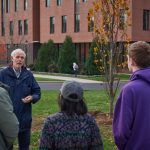 Greg Anderson, Distinguished Professor Emeritus of Ecology and Evolutionary Biology, speaks during the ceremonial planting of the Class of 2019 tree near the William H. Hall Building on Oct. 23, 2018. (Peter Morenus/UConn Photo)