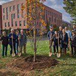 The ceremonial planting of the Class of 2019 tree near the William H. Hall Building on Oct. 23, 2018. (Peter Morenus/UConn Photo)