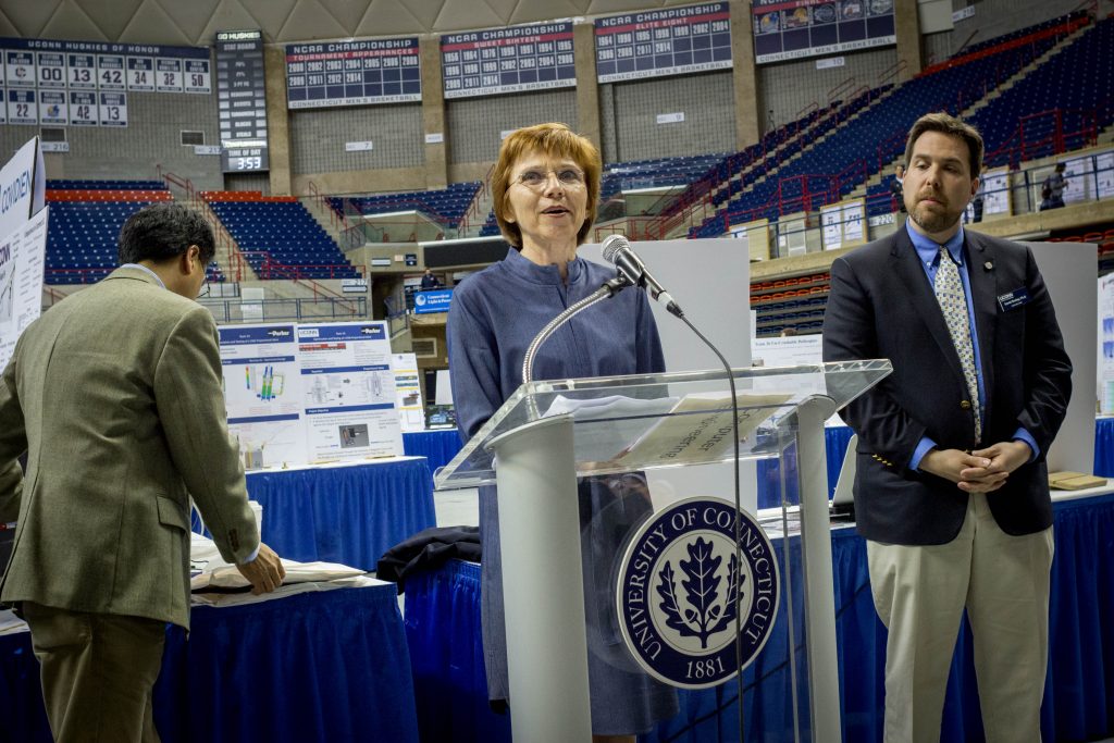 Professor Krystyna Gielo-Perczak, BME Senior Design Lead, at Senior Design Demonstration Day. (Christopher Larosa/UConn Photo)