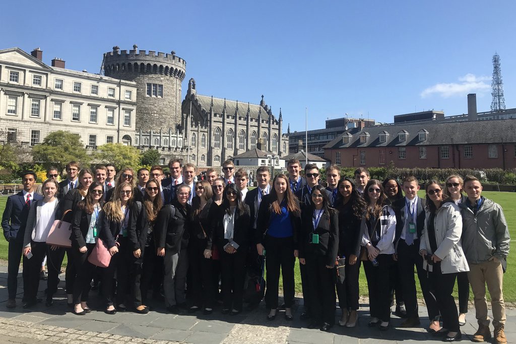 Alumnus Mike Koppel and his family have given a second, generous gift to the School of Business to support international business-immersion travel for students in the BCLC. Pictured above, UConn students stopped for a photo in front of Dublin Castle, after leaving Ireland’s Squarespace marketing company during the May 2018 trip. (Courtesy of BCLC)
