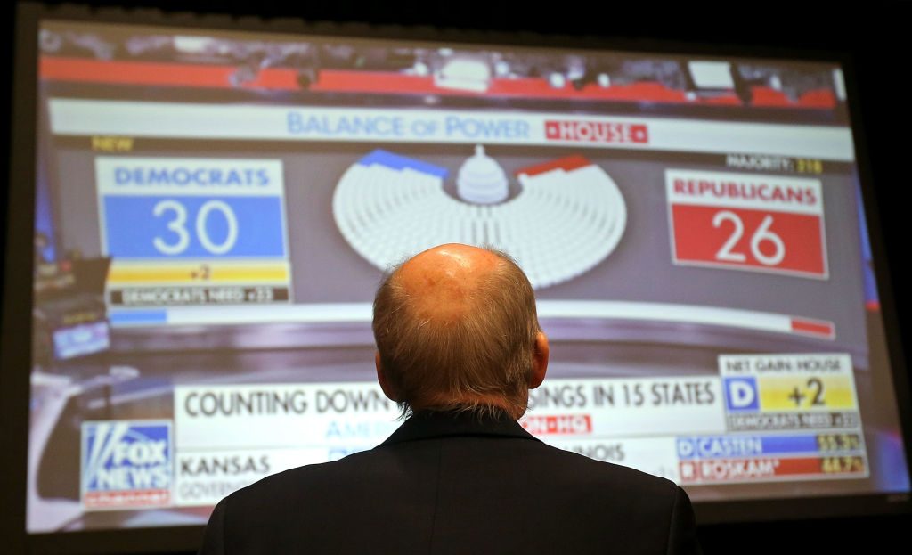 A Republican supporter watches midterm election returns on a big screen monitor during an election night event on Nov 6, in Arizona. (Photo by Ralph Freso/Getty Images)