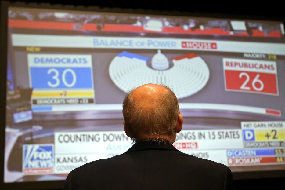 A Republican supporter watches midterm election returns on a big screen monitor during an election night event on Nov 6, in Arizona. (Photo by Ralph Freso/Getty Images)