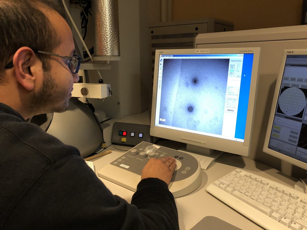 PhD student Rishabh Kejriwal helps UConn undergrads observe their bacteriophage concentrations in an electron microscope in the lab during a ‘Virus Hunters’ class. (UConn Photo)