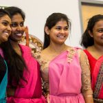 Chemistry Ph.D. students (from left) Iyomali Abeysekara, Thilini de Silva, Lasangi Dhanapala, and Prabodha Abeykoon group together for a photo in traditional Indian attire. (Lucas Voghell '20 (CLAS)/UConn Photo)