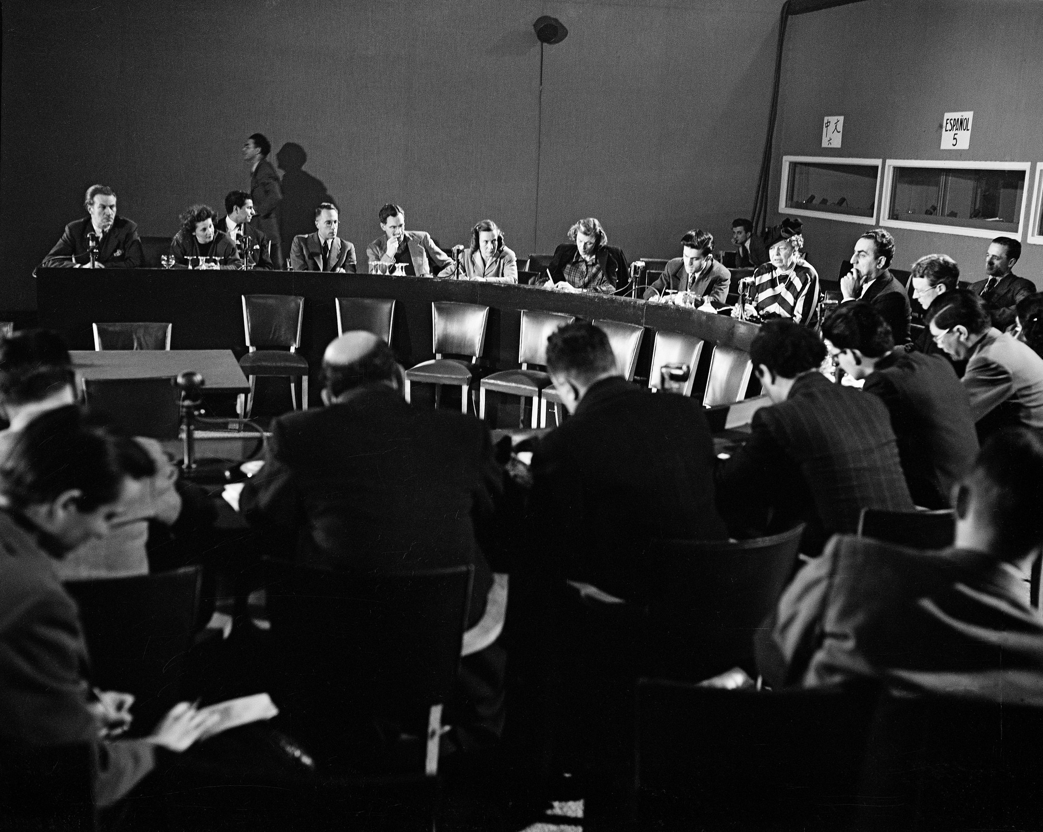 Eleanor Roosevelt, chairman of the Human Rights Commission, and Charles Malik, chairman of the General Assembly’s Third Committee (second from right), speak at a press conference after the completion of the Declaration of Human Rights in 1948. The Declaration turns 70 this month. (United Nations Photo)