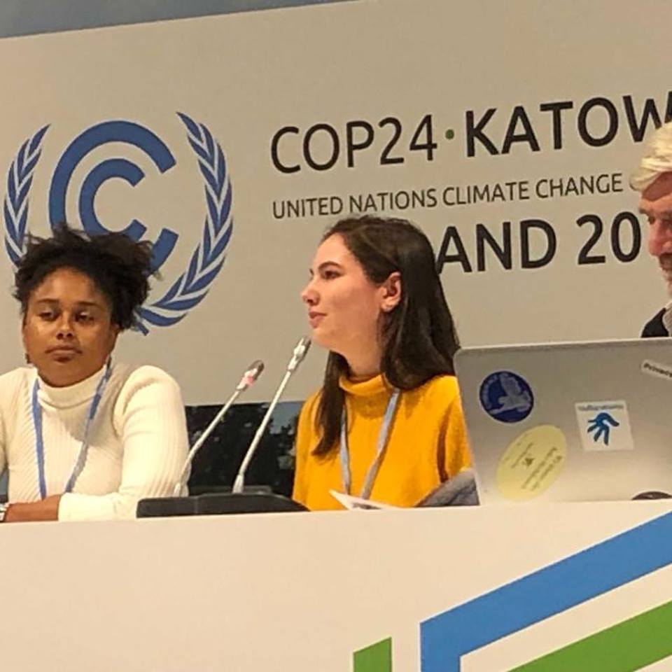 Emily Kaufman, a sophomore double majoring in Environmental Studies and Sociology with a minor in Geographic Information Systems, speaks on a panel at COP24 in Katowice, Poland. (Office of Environmental Policy/UConn Photo)