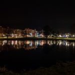 The view across Mirror Lake at night. (Lucas Voghell ’20 (CLAS)/UConn Photo)