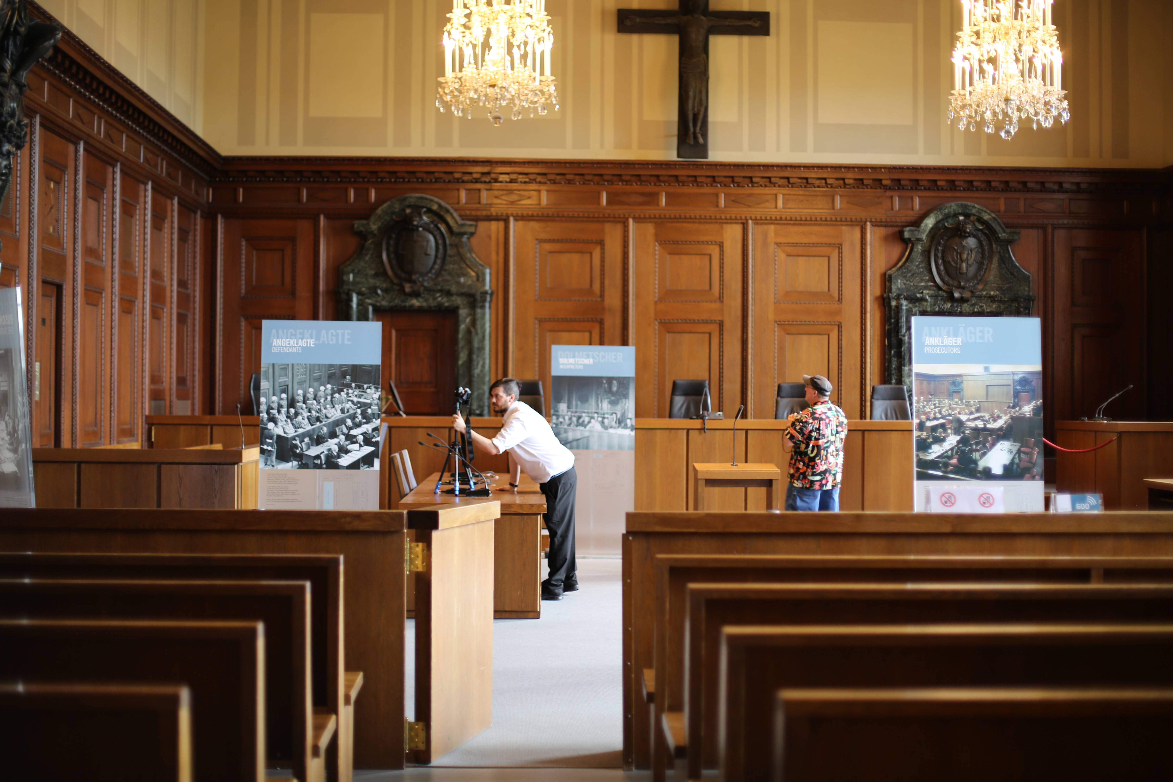 Ken Thompson, assistant professor-in-residence of game design, taking 3D Scans of Courtroom 600 in the Justizpalast in Nuremberg, Germany. (Photo courtesy of Ken Thompson)