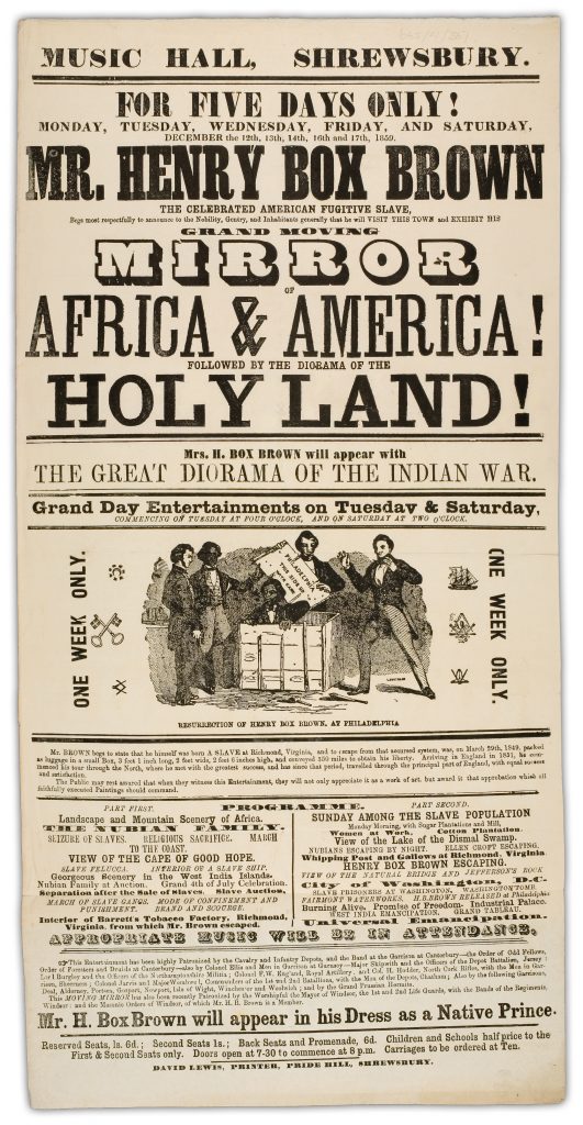 A poster from an 1859 performance in Shrewsbury, England, in which Henry Box Brown refers to himself as a 'Native Prince.' (Image courtesy of Martha Cutter)