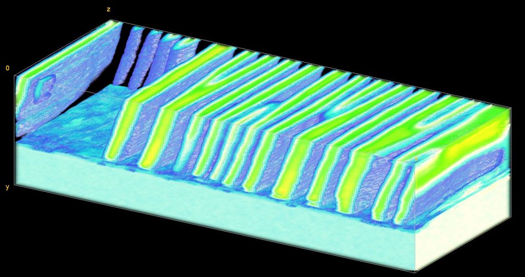 A new domain. The researchers were able to show how the domains (tiny sections of material with the same electric polarization) in the bismuth ferrite changed in shape with depth. (Image courtesy of the Huey Lab)