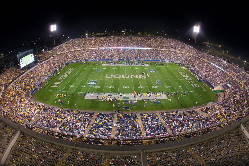 A football game at the Pratt & Whitney Stadium at Rentschler Field. (Stephen Slade '89 (SFA) for UConn)