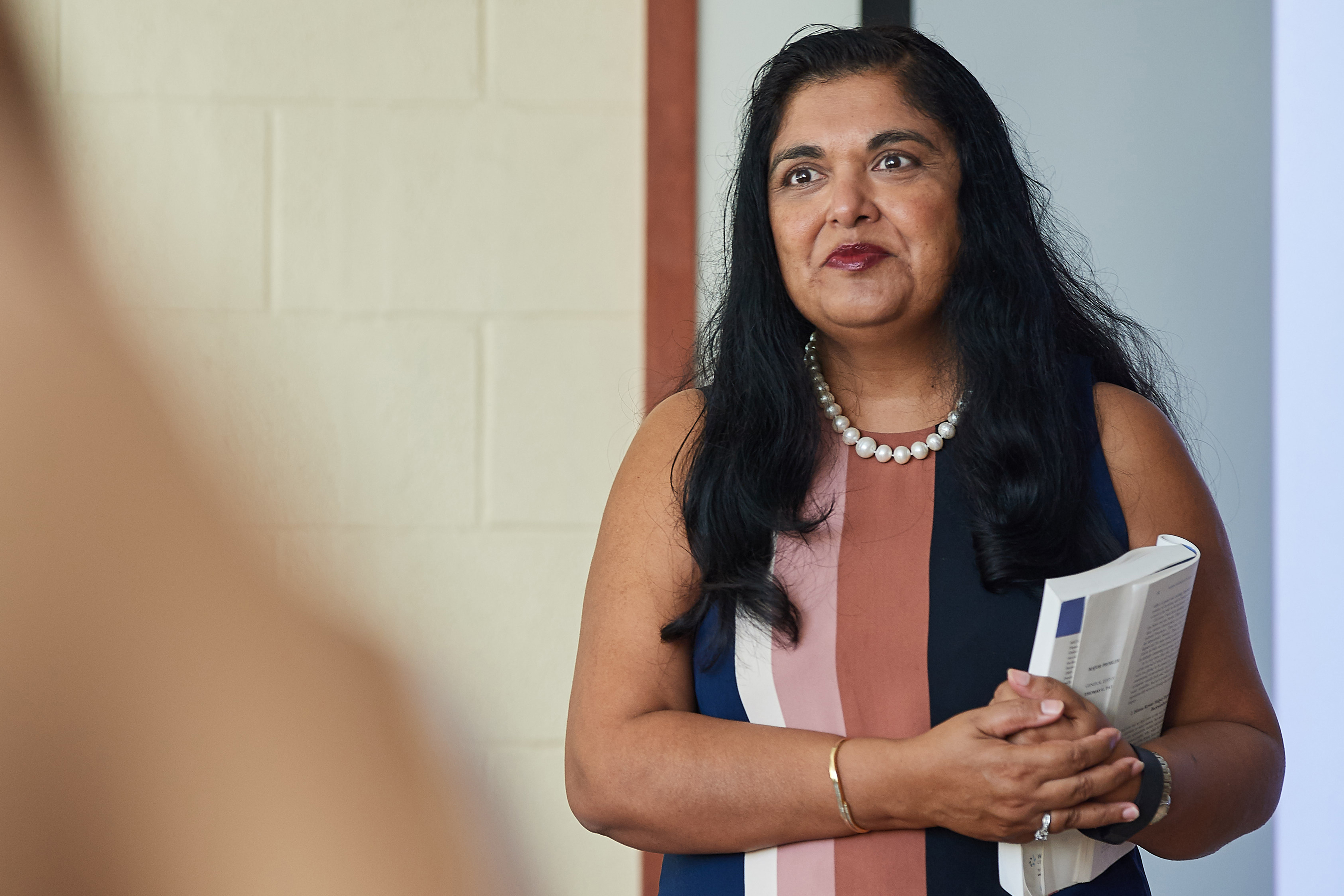 Manisha Sinha, Draper Chair of American History, lectures at the Gentry Building. (Peter Morenus/UConn Photo)