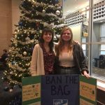 Kelly Rafferty, left, and Isabel Umland, both of UConn PIRG, celebrate Dining Services' decision to ban plastic bags in its retail and Grab & Go facilities. (Photo courtesy of UConn PIRG)