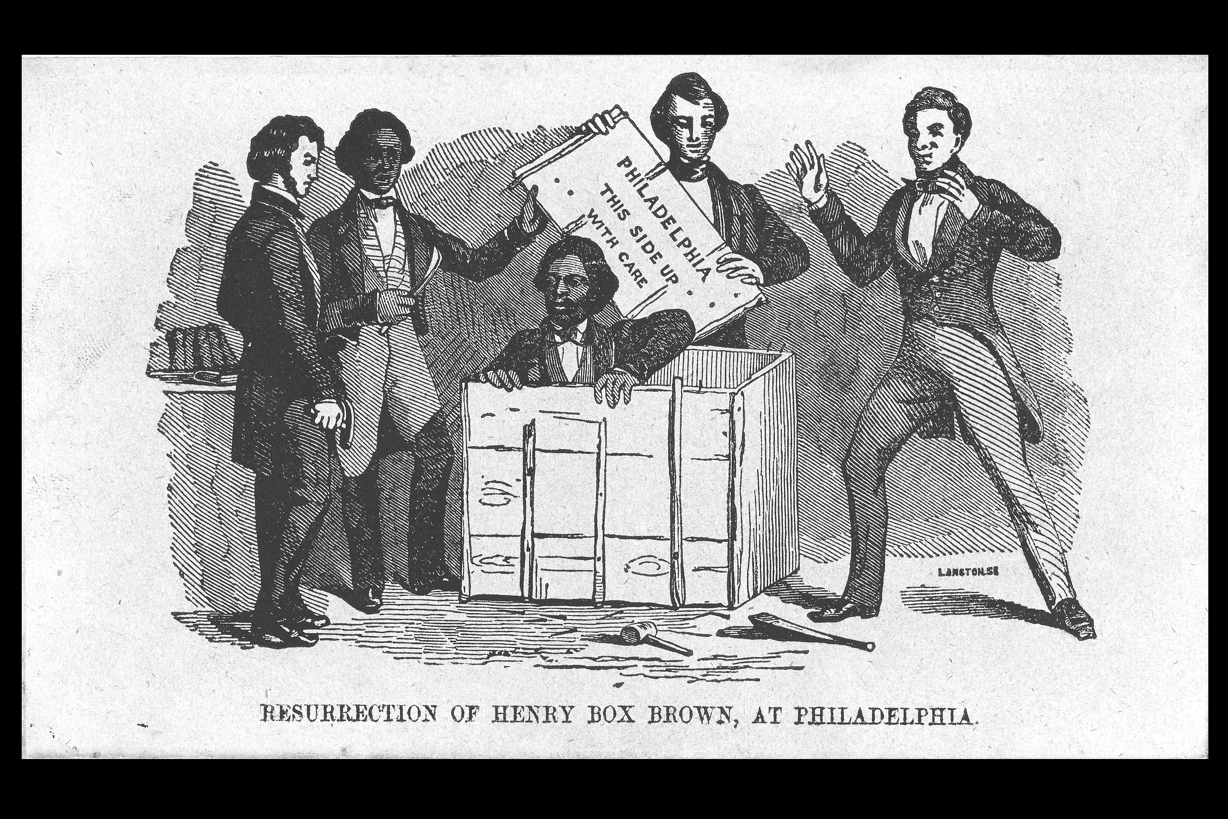 An illustration, published opposite the title page in 'Narrative of the Life of Henry Box Brown,' depicts Brown emerging from the box he rode in for 27 hours between Richmond, Virginia, and Philadelphia in 1849. (Image courtesy of Martha Cutter)