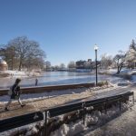 A student walks around the frozen Swan Lake near the Chemistry Building. (Sean Flynn/UConn Photo)