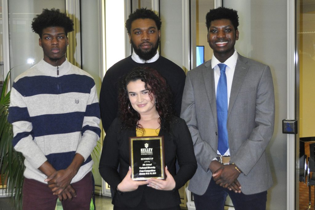 UConn students impressed the judges in a National Diversity Case Competition in Indiana recently, where they gave personalized pitches describing the need for a grocery store in Hartford. Pictured from left (back row) are: Aaron Hooker, Nick Furlow, Sean Brown, and (front row) Belma Pehratovic. All are Hartford natives and all are business majors except Hooker, who is studying political science. (UConn School of Business)