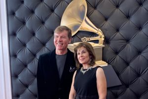 Composer Kenneth Fuchs, professor of music, left, and conductor JoAnn Falletta, after winning a Grammy on Sunday, in the Best Classical Compendium category for the album 'Spiritualist – Concerto for Piano and Orchestra.' (Photo courtesy of Kenneth Fuchs)
