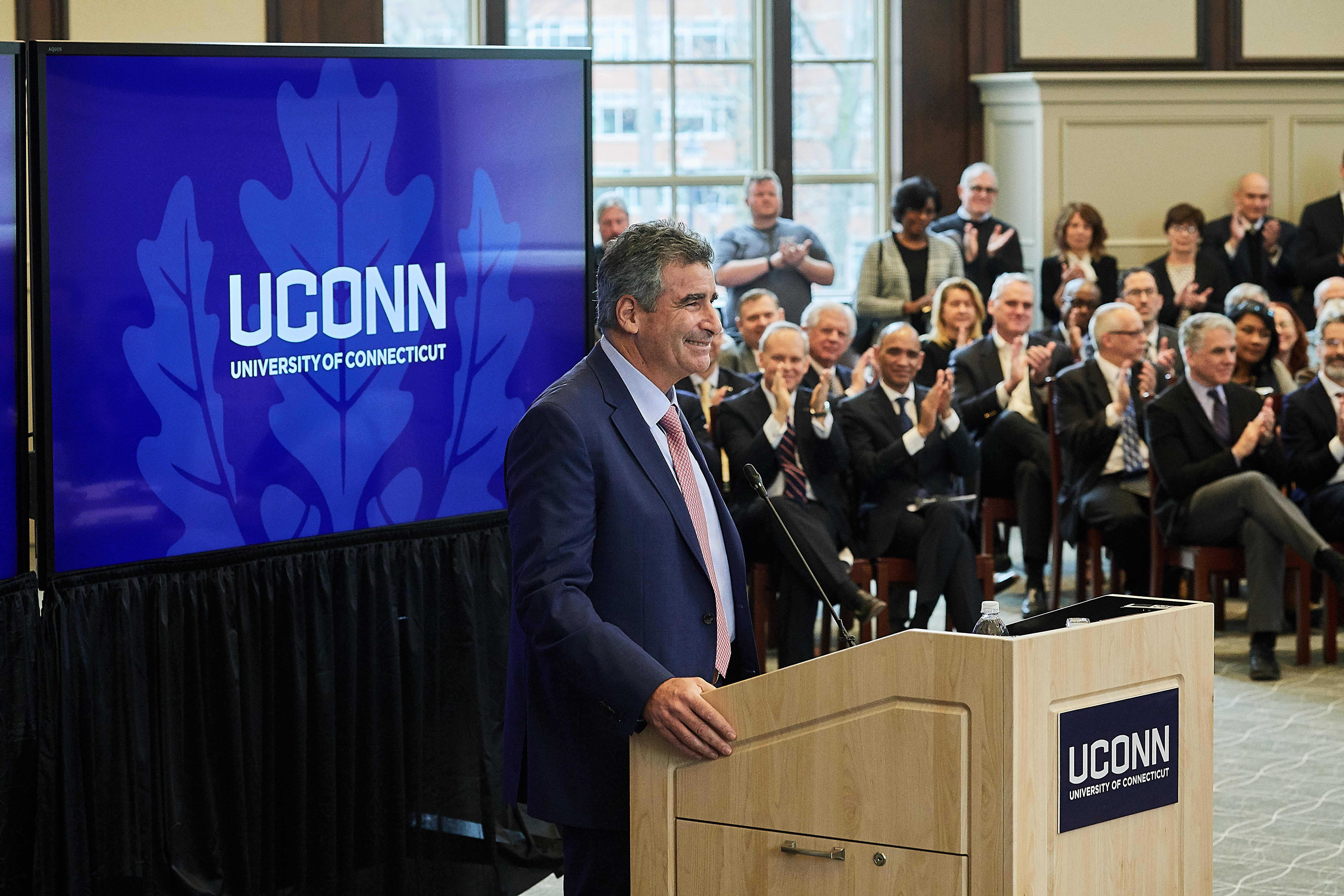 President designate Thomas C. Katsouleas receives applause following his address to the Board of Trustees after being appointed as the 16th University president on Feb. 5, 2019. (Peter Morenus/UConn Photo)