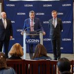 Thomas Katsouleas, center, speaks at a press conference at the Wilbur Cross North Reading Room, following his appointment to be the 16th president of the University on Feb. 5, 2019. At left is board chair Thomas Kruger. At right is Gov. Ned Lamont. (Peter Morenus/UConn Photo)