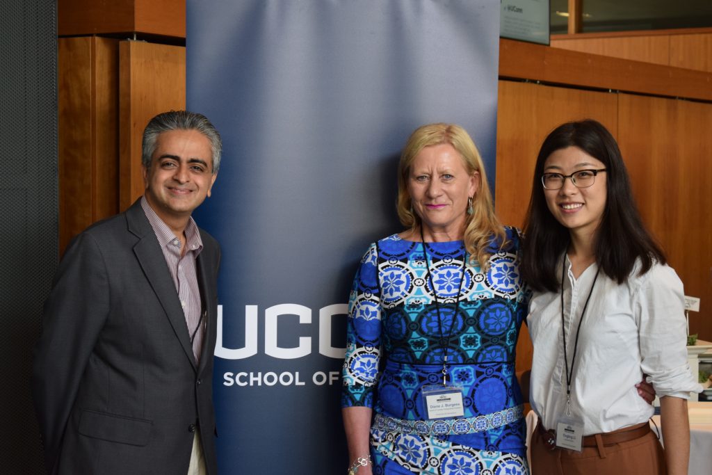 Dr. Rajesh Lalla, professor of dental medicine; Diane Burgess, professor of pharmaceutical sciences; and Tingting Li, pharmaceutical graduate student. (Dr. Rajan Jog/UConn Photo)